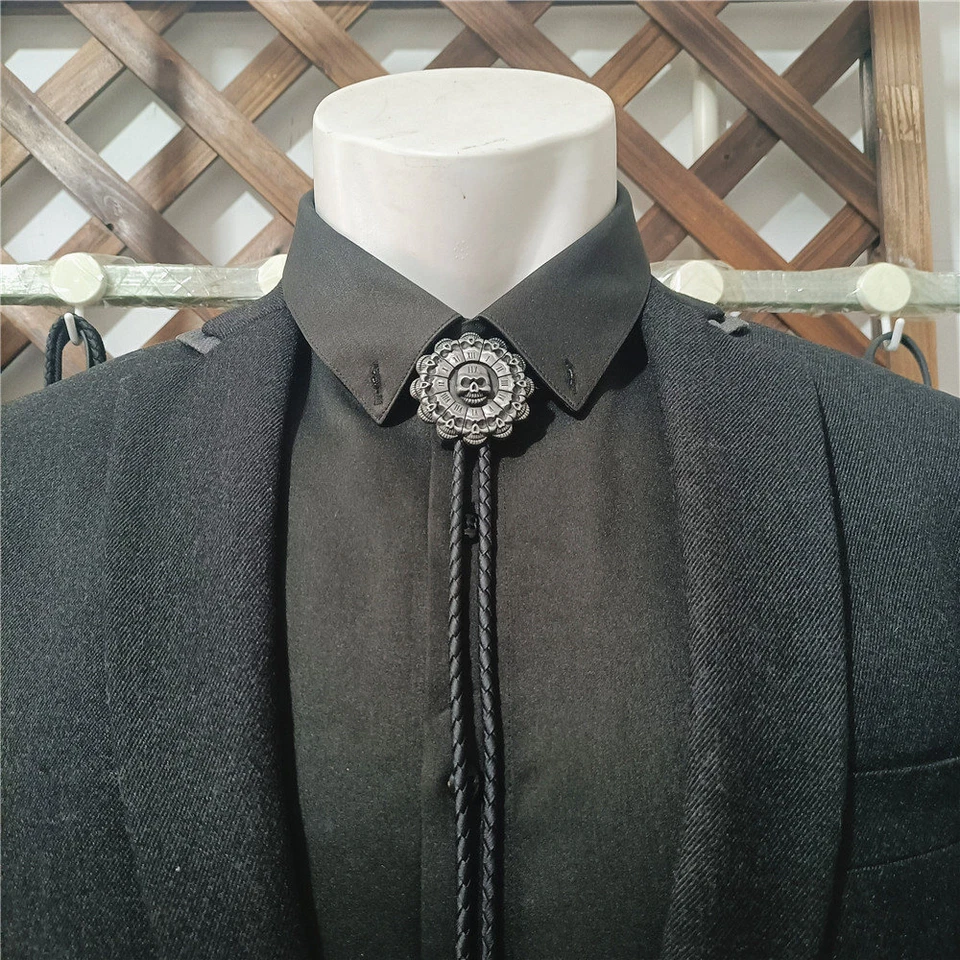 Mens BOLO Tie Vintage Sunflower Skull Necklace Alloy Leather Rope Western Cowboy - Image 3 of 3