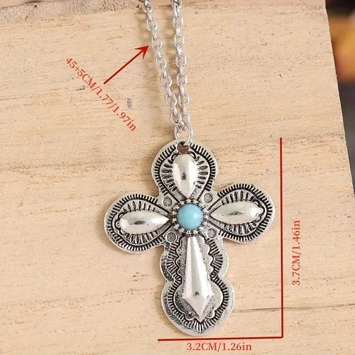Collar Colgante Retro Cruz Color Turquesa Chapado en Plata Joyería - Imagen 5 de 6