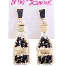 BETSEY JOHNSON POPPED CORK CHAMPAGNE BOTTLE BLACK RHINESTONE FAUX PEARL EARRINGS