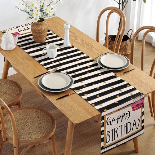 Birthday Table Runner Black Stripes Birthday Table Runner with Gold Dots Cake... - Picture 3 of 5