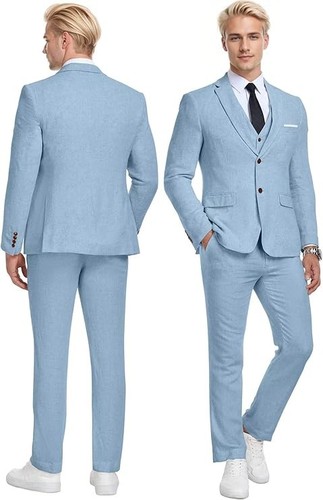 Wehilion Men's Suit Slim Fit Linen Blue 3 Piece XS 36R 30W Notch Lapel 2 Button - Picture 1 of 5