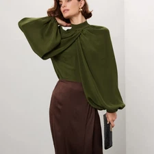 CO Olive Green Wrap Top MEDIUM Balloon Sleeve Career Mockneck Silk Designer $895