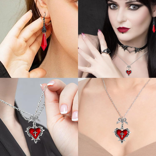 Gothic Fledermaus Ohrringe und Vampir Halskette Set, Vampir Accessoires Damen, Hallowe - Bild 6 von 7