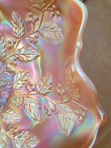 Scarce Marigold on Moonstone Fenton Carnival Glass Holly Pattern Ruffled Bowl - Picture 6 of 19