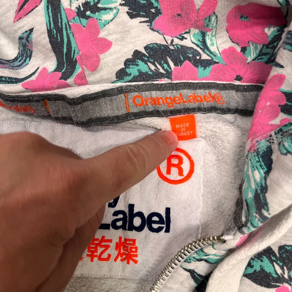 SUPERDRY GRUESO Rosa Tropical Cremallera Completa Sudadera con Capucha Talla S Naranja Etiqueta Acogedora Cálida Y2k Foto 4 de 4
