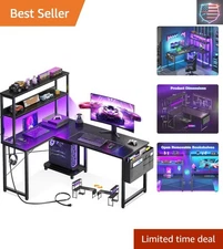 Contemporary 43 Inch L Shaped Desk with Colorful LED Lights & Charging Ports