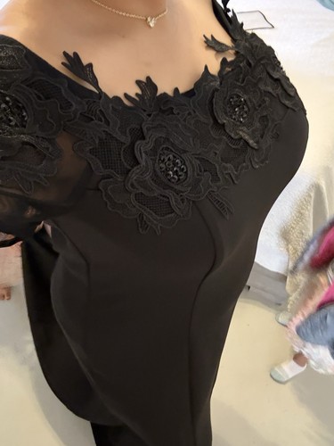 Women's Plus Size 16 Black Evening Gown Lace Cap Sleeves Long Dress - Picture 8 of 13