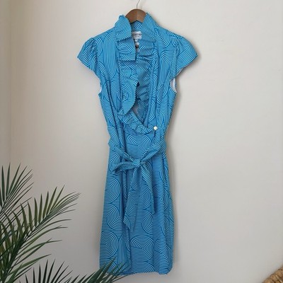 Elizabeth McKay Blue Swirl Scotland Wrap Dress Sz 8 Summer Preppy