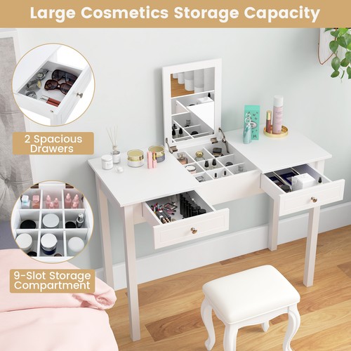 2-In-1 Vanity Table w/Flip-Top Mirror 2 Drawers 9-Slot Storage Compartment White - Afbeelding 4 van 10