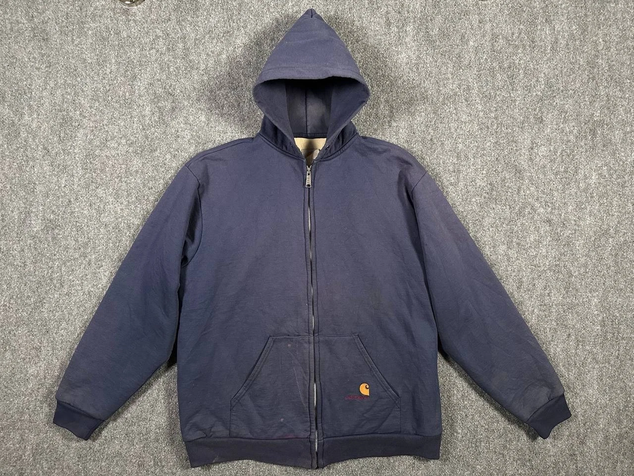Vintage Carhartt USA Made Thermal Lined Zip Hoodie 2XL Workwear 90s Blue
