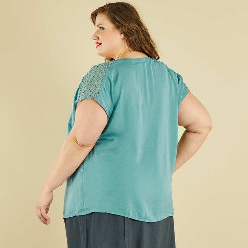 Kiabi Damen Bluse Satin Makramee Grün Rosa Weiß Bequeme Größe It 50 60 - Bild 11 von 30