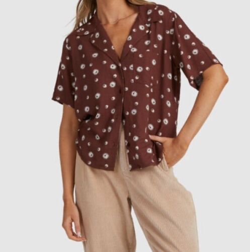 RVCA Women’s Brown Ying Yang Button Up Shirt size Large cotton Linen Blend