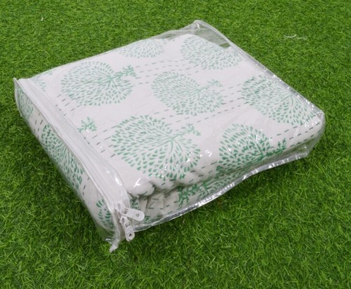 Handmade Tree Print Kantha Quilt Reversible Bedspread Double Cotton Coverlet - Picture 2 of 8