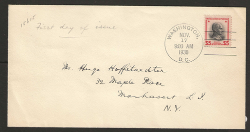 US Scott #834 First Day Cover $5 Coolidge Prexie, 11-17-38, addressed, no cachet - 第 1/2 張圖片