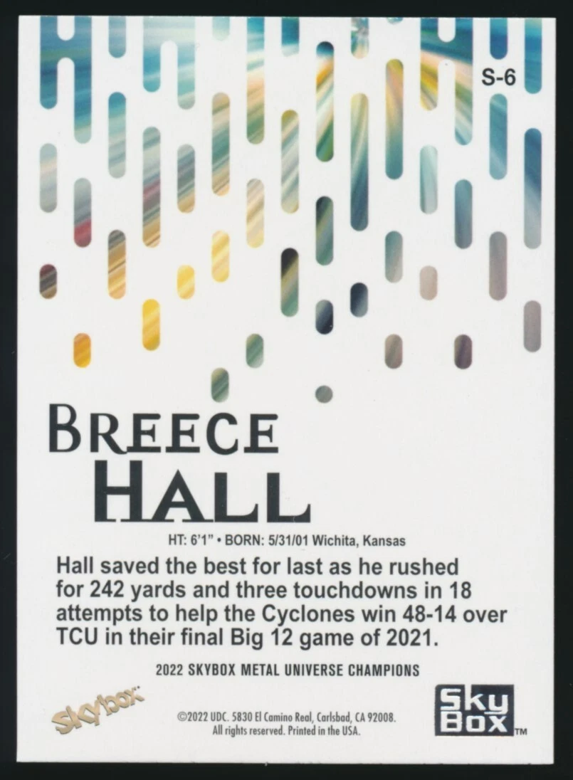 BREECE HALL S 6 2022 Skybox Metal Universe Champions PREMIUM RC