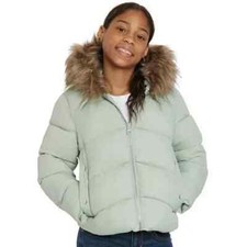 NWT Rothschild Girls Faux Trim Puffer Jacket, Green/Pink