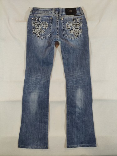 Miss Me Jeans Wome 27 Boot Cut Distressed Bling Fleur Pockets Western Denim Blue - Picture 1 of 11