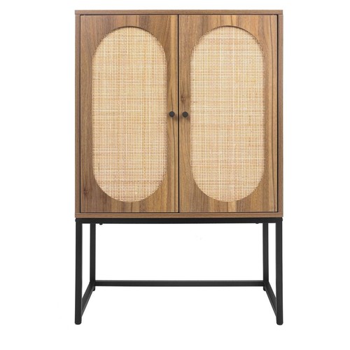 Natural Rattan 2 Door High Cabinet Built-in Adjustable Shelf Standing Cabinet