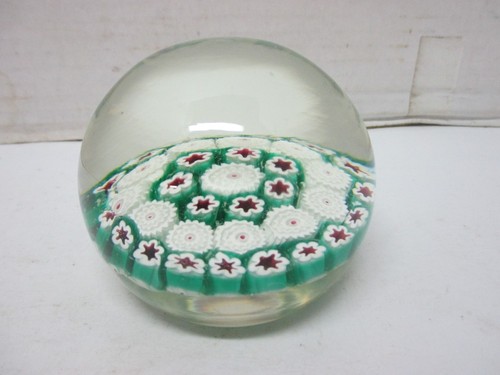 Millefiori Blown Glass Paperweight - Green Red & White - 3" Diameter - Picture 5 of 11