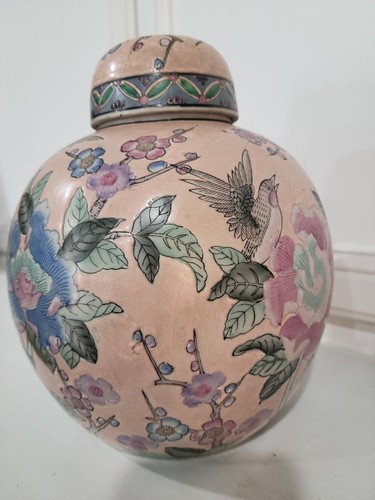 Tarro de jengibre gorriones melocotón chino vintage pintado a mano en Macao con tapa 9" de alto - Imagen 5 de 14