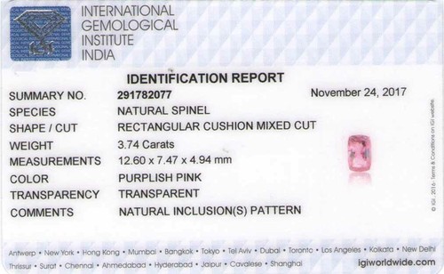 IGI Certified SRI LANKA Spinel 3.74 Cts Natural Untreated Intense Purplish Pink - Picture 2 of 9