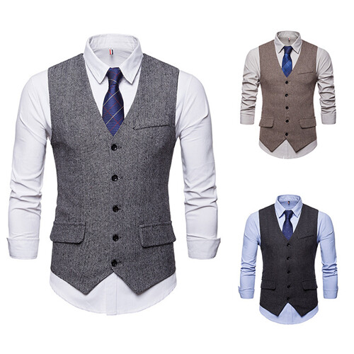 2023 gilet da uomo risvolto spina di pesce tweed lana collo a V abito vintage nuovo - Foto 15 di 19