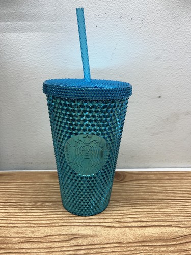 2023 Limited Edition Starbucks Blue Chrome Studded Cup 16oz With Straw Used - Picture 1 of 8