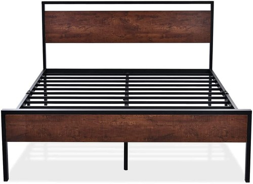 Sifurni Queen Size Platform Bed Frame with Wood Headboard &Footboard, Mahogany - Picture 3 of 11