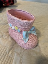 Vintage Ceramic Baby Bootie Planter. Pink With Blue . Nursery Baby Shower decor.