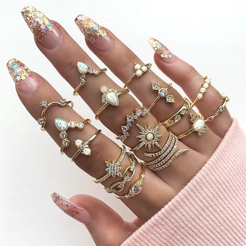 17 PCS Boho Vintage Knuckle Ring Set Crystal Stackable Finger Stacker Rings - Picture 2 of 5