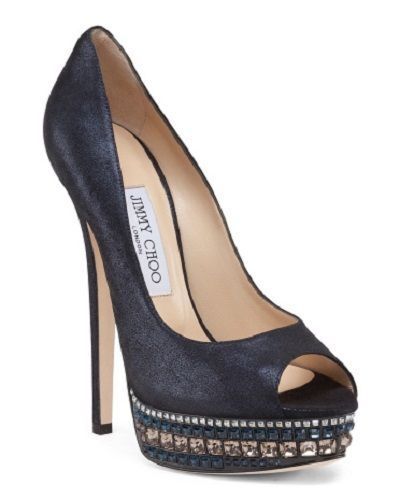 NIB JIMMY CHOO Made In Italy Shimmer Ink Blue Reviver Jewel Platform Pump Sz 41 - Picture 1 of 4