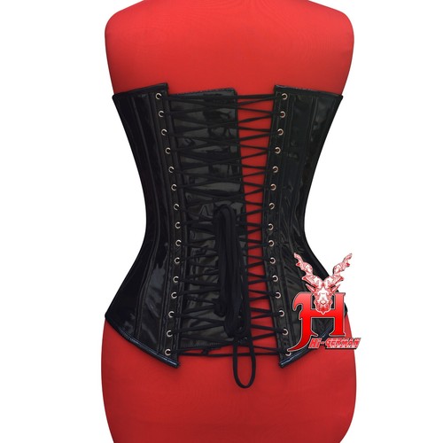 Victorian Vintage Bustier Overbust Steel Boned Buckle Black PVC Corsets - Picture 3 of 4