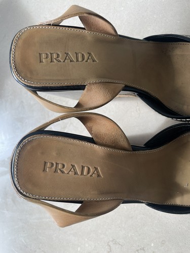 Prada Black Patent Leather Strappy Cork Platform Sling Back Wedge EU 35 US 4 - Picture 6 of 8