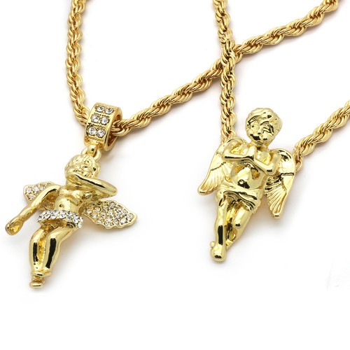 14k Gold Plated High Fashion 2 Angels Pendant Cubic Zirconia 30"/24" Rope chain - Picture 2 of 5