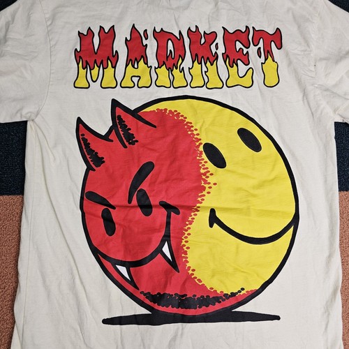 stains* Chinatown Market Devil Smiley Face Graphic T-Shirt Medium White R2a - Picture 2 of 9