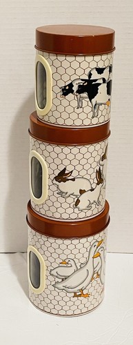 Juego de 3 contenedores de lata vintage Takahashi para animales de granja anidación Japón - Imagen 2 de 12
