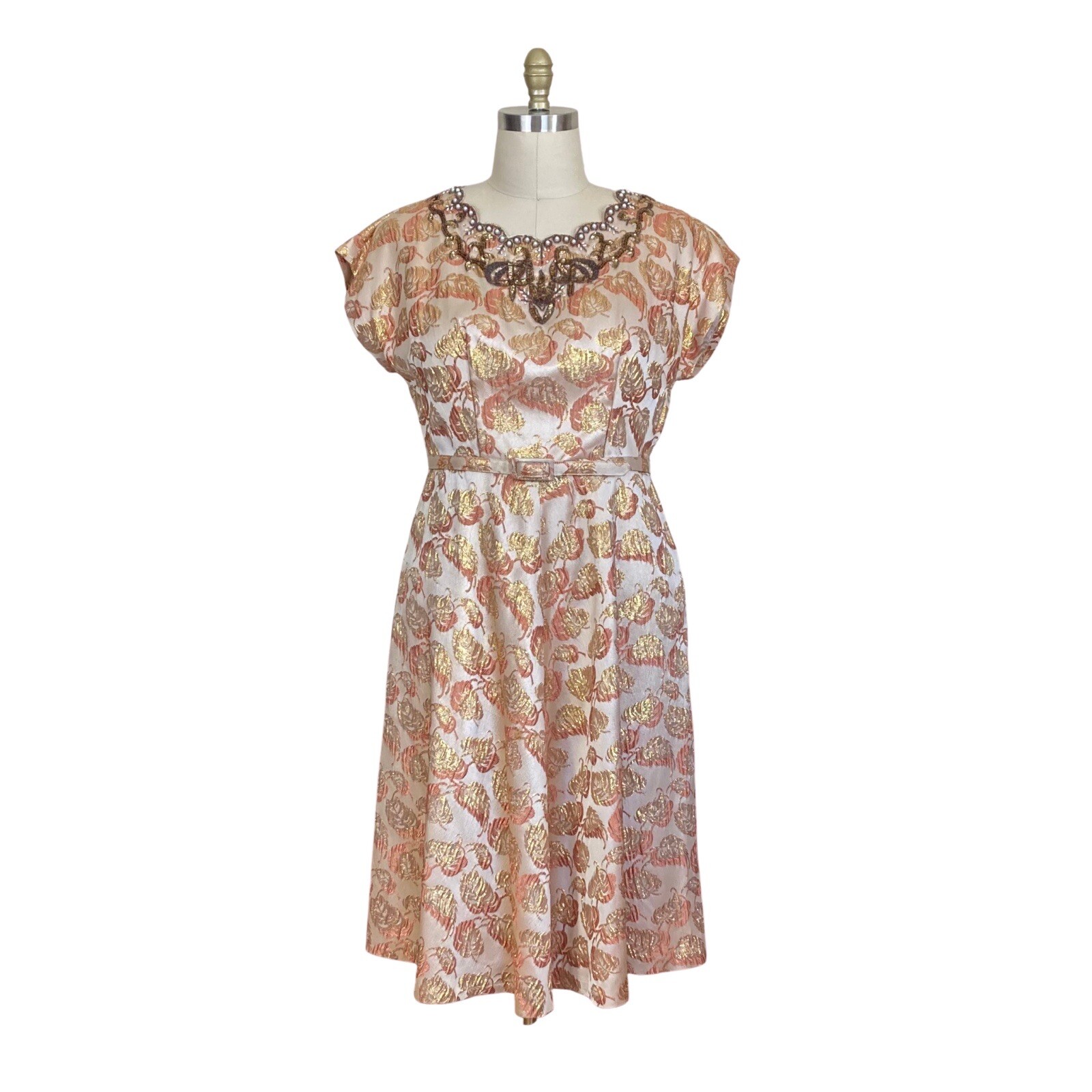 Vintage 1950s Plus Size Gold & Copper Brocade Dre… - image 1