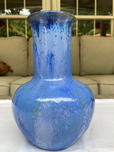 Fulper Tall Necked Ovoid Vase 8"  Chinese Flambe Glossy Blue Vase #644 - Picture 1 of 3
