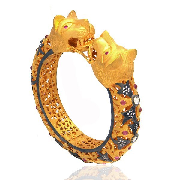 Two Tone Filigree Twin Panther Head Hinged Bangle Bracelet