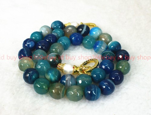 Natural 8/10/12mm Faceted Blue Agate White Pearl Gems Round Beads Necklace - Picture 8 of 12
