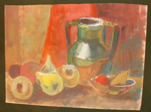VINTAGE FAUVIST GOUACHE PAINTING STILL LIFE WITH FRUITS, BOWL AND JUG - Picture 3 of 12