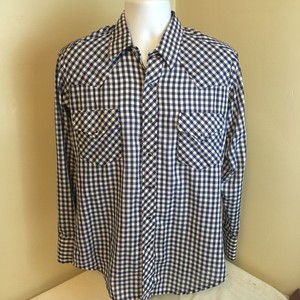 Roebucks-Men-Western-Pearl-Snap-Cowboy-Shirt-Blue-White-Gingham-Plaid-Medium-USA