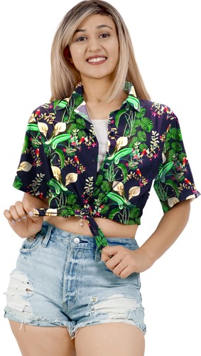 HAPPY BAY Hawaiian Shirts Womens Casual Summer Beach L Hibiscus, Blue - Picture 3 of 3