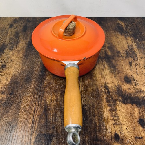 Vintage Casron cast iron Japanese pot Sauce Pan Wooden Handle Orange Volcanic - Picture 7 of 9