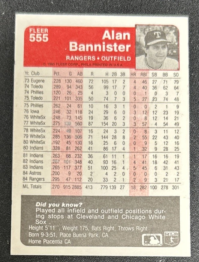 1985 Fleer Alan Bannister Baseball Card #555 Rangers OF O/C - Image 2 of 2