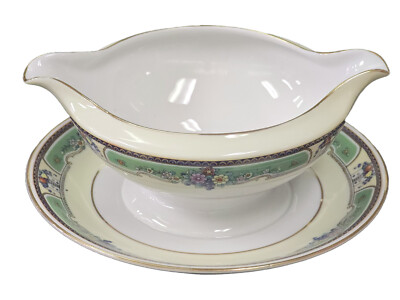 VINTAGE NORITAKE PORCELAIN PLAZA PATTERN ROUND GRAVY BOWL w/ ATTACHED UNDERPLATE