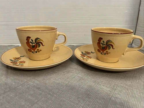Vintage Taylor Smith PA Dutch Reveille Rooster Tea / Coffee Cup & Saucer 4 Piece