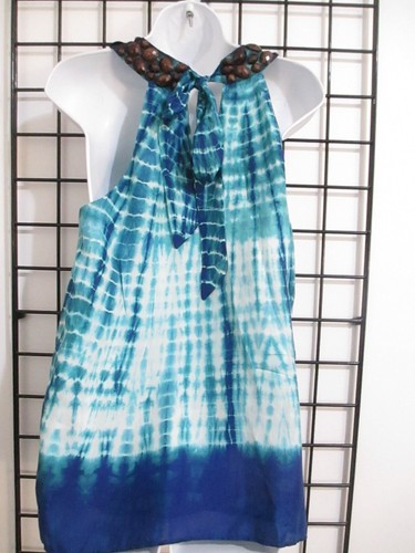 VELVET BRAND / ANTHROPOLOGIE 🌸 MEDIUM==AQUA TIE DYED / BEADED / SILK BLOUSE - Picture 4 of 7