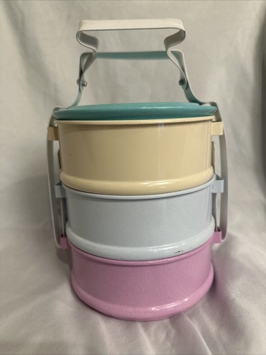 Thai Traditional Enamel Fancy Metal Multi-Color Food Lunch Box 3 stacks - Picture 3 of 10