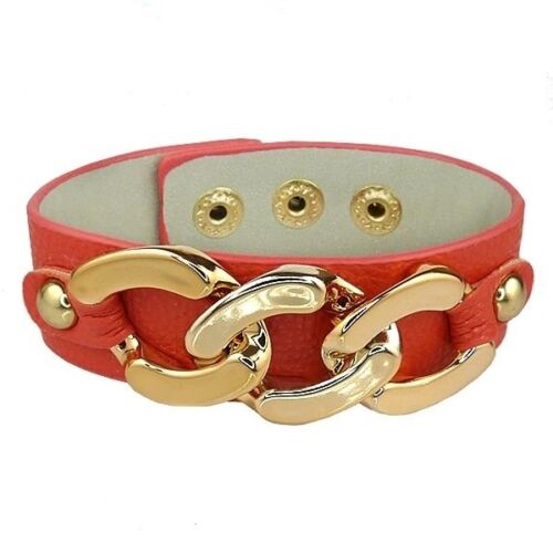 Red Leather Bracelet Gold toned Chain Link Accent Snap Closure - Afbeelding 1 van 7